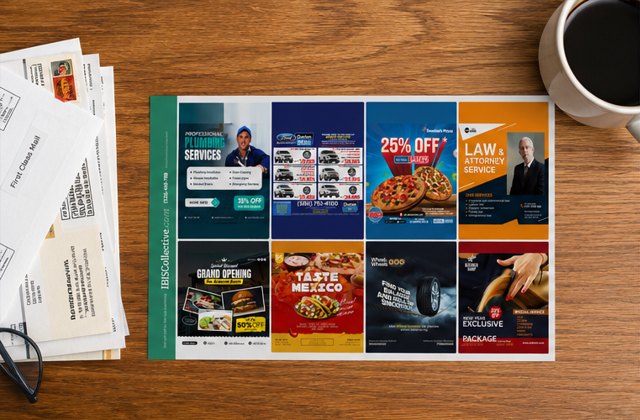 An actual IBIS Collective 9x12 shared advertising page delivered to a home, sitting on the counter next to the day's mail and a cup of coffee
