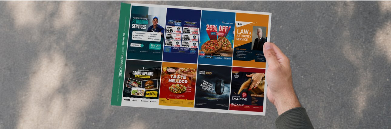 A homeowner holding up the IBIS Collective page outdoors, showing every business panel on the page in hand