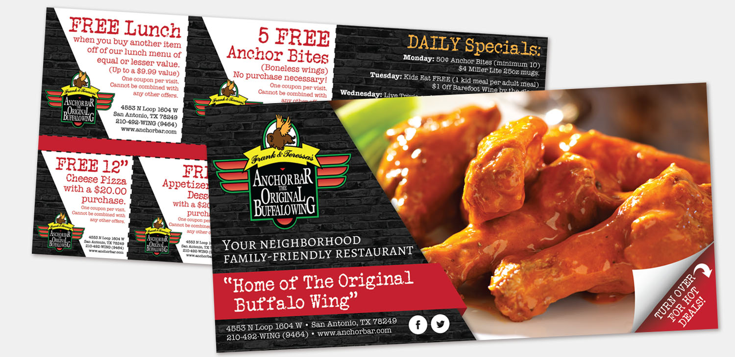 Custom restaurant postcard with offers, daily specials and a clear call to action, ready to mail to thousands of local homes